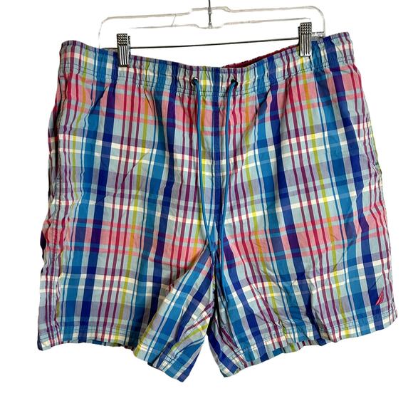 Nautical Hybrid Swim Casual Shorts Mens Size XL Plaid Blue Pink Yellow Preppy 7" - Picture 1 of 5